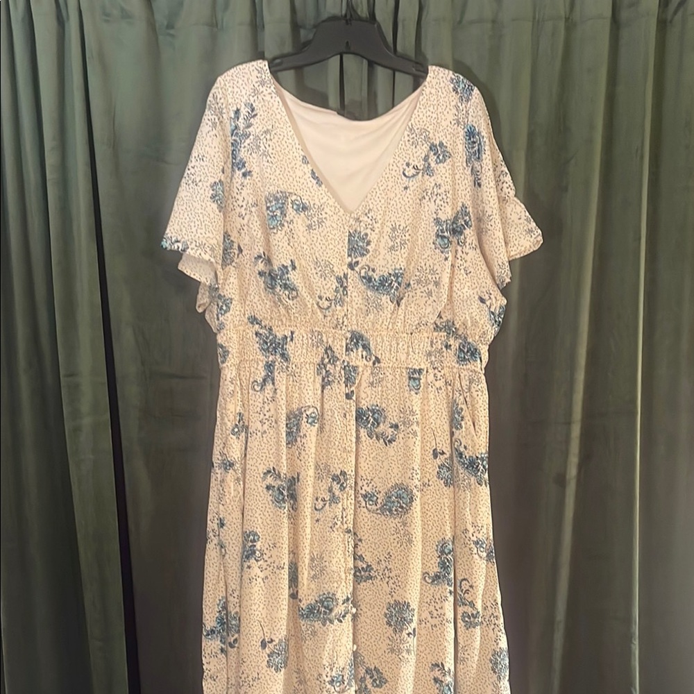 Torrid Cream and Blue Maxi Sundress with Flutter Sleeves